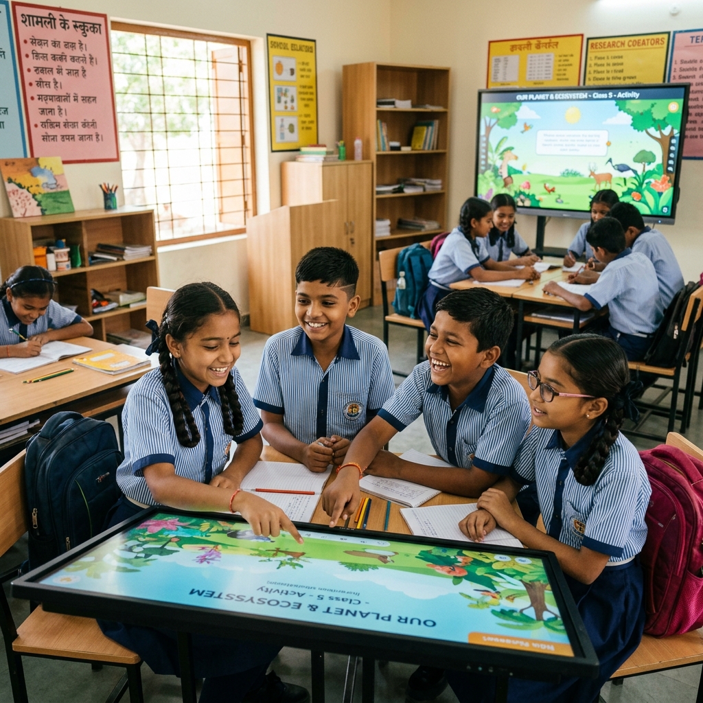 Students happily learning inside a digital classroom